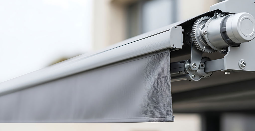 Détail coffre intégral store banne fermé en aluminium thermolaqué sur façade