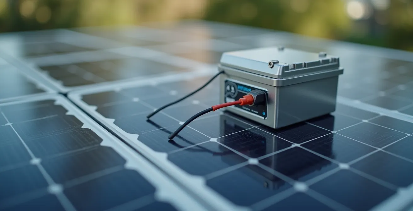 Gros plan sur un panneau solaire et une batterie pour volet roulant