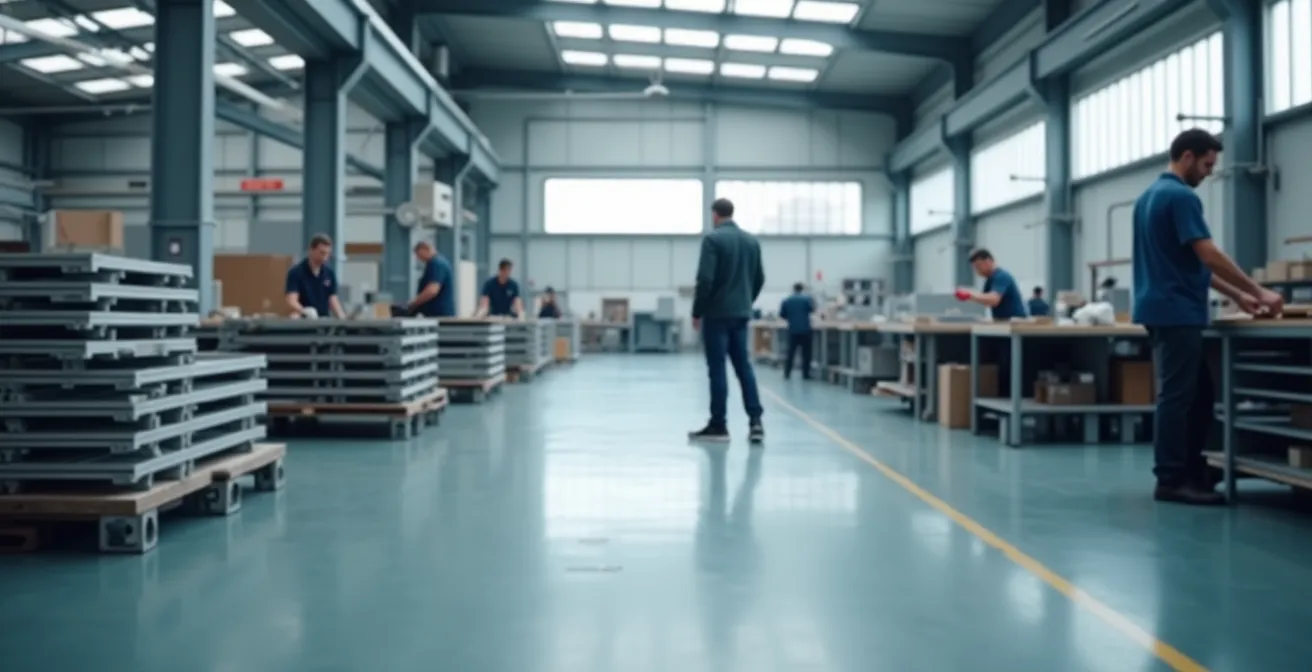 Atelier de fabrication de volets en France avec ouvriers au travail