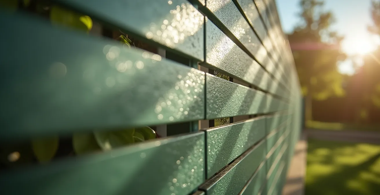 Vue macro des lames orientables d'une pergola créant une zone d'ombre thermique