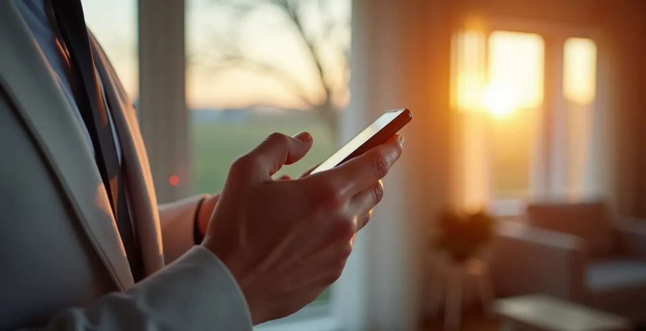 Main utilisant smartphone pour contrôler volet motorisé