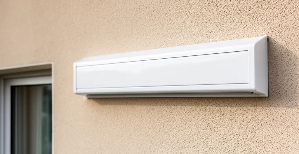 Détail coffre intégral store banne fermé en aluminium thermolaqué sur façade