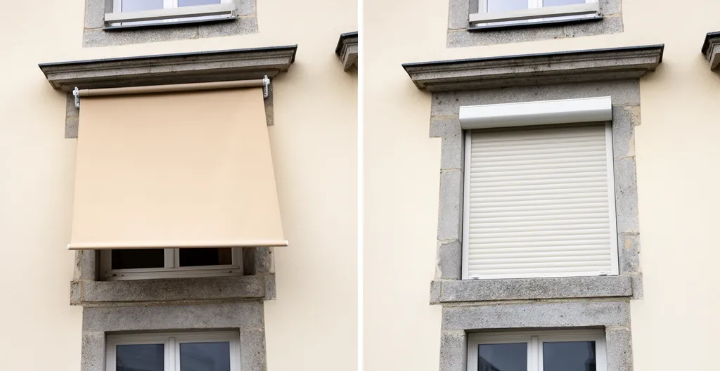 Comparaison visuelle store monobloc exposé et coffre intégral fermé sur façades