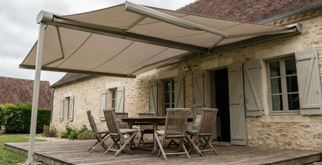 Store banne coffre intégral déployé protégeant une terrasse résidentielle ensoleillée