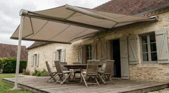 Store banne coffre intégral déployé protégeant une terrasse résidentielle ensoleillée