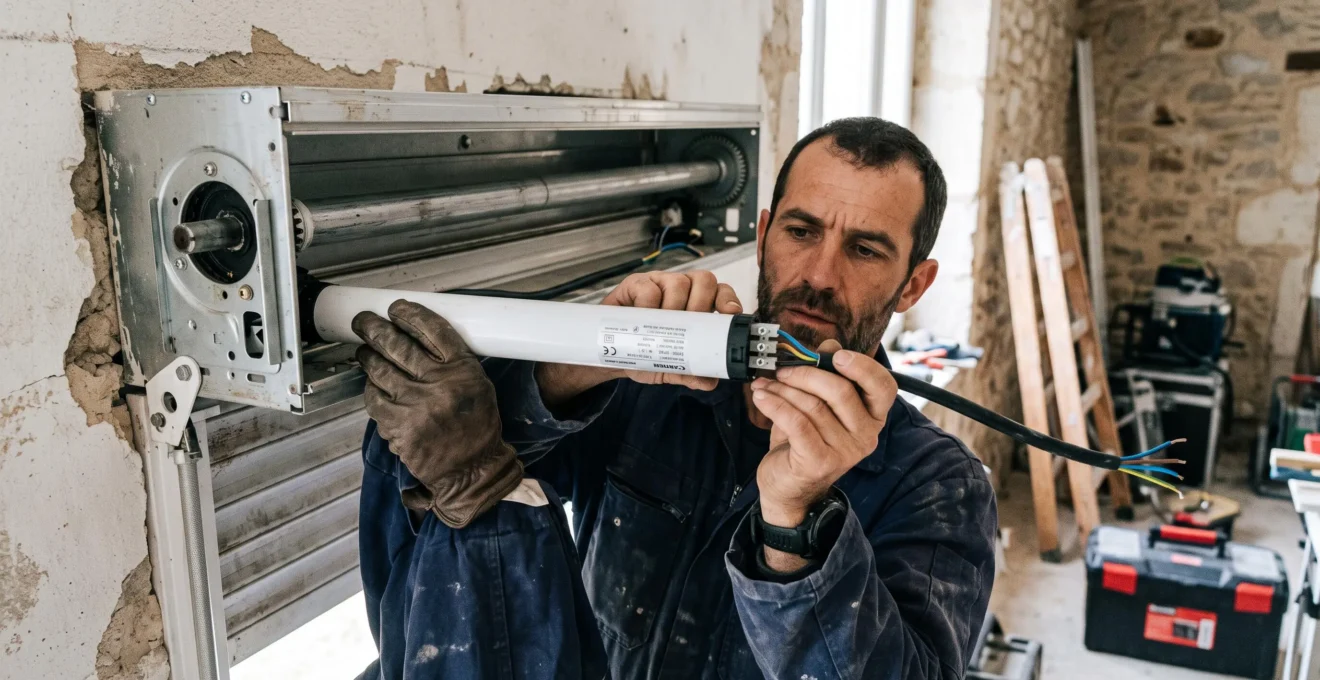 Artisan menuisier installant un moteur tubulaire dans le coffre ouvert d'un volet roulant, avec câblage électrique visible sur chantier de rénovation