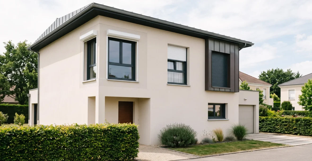 Façade de maison contemporaine française avec trois fenêtres équipées de volets roulants électriques dans différentes positions, illustrant les installations en PVC et aluminium