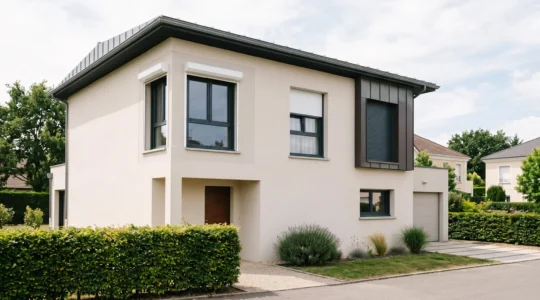 Façade de maison contemporaine française avec trois fenêtres équipées de volets roulants électriques dans différentes positions, illustrant les installations en PVC et aluminium