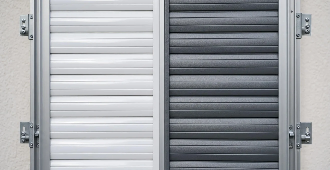 Gros plan sur lames de volets roulants en PVC blanc et aluminium thermolaqué gris anthracite, montrant les différences de texture et finition entre les deux matériaux