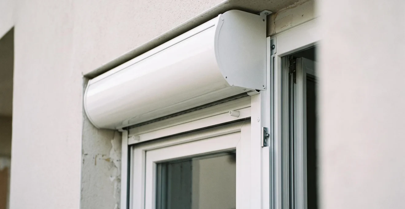 Vue de profil d'un coffre tunnel de volet roulant aluminium installé au-dessus d'une fenêtre PVC en contexte rénovation, avec coulisses latérales et tablier visible